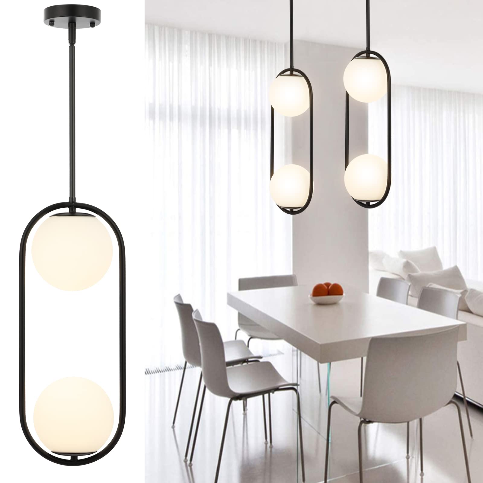 Byoliima 2-Lights Modern Globe Chandelier Mid Century Pendant Light Matte Black Ceiling Hanging Lighting Fixture With White Globe Glass Lampshade For Kitchen Island Dining Room Bedroom