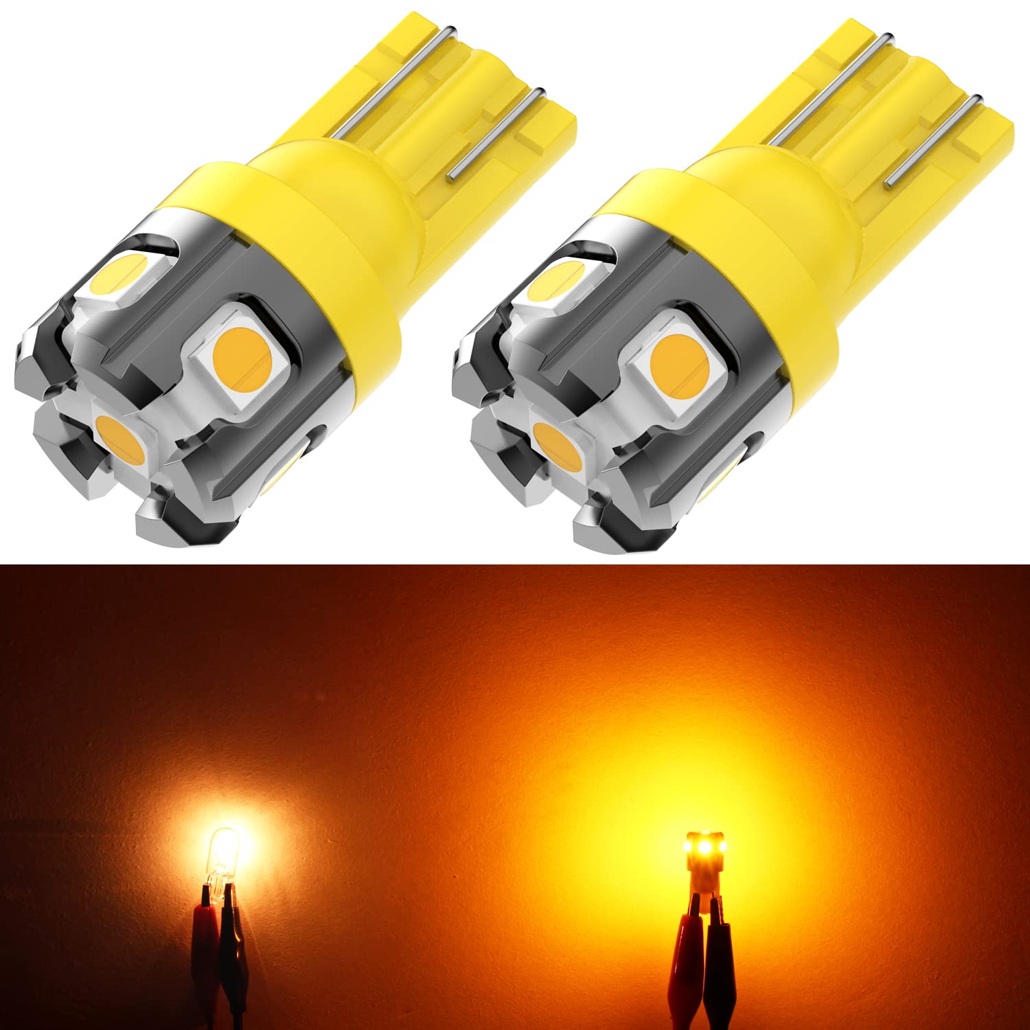 PHINLION LED Light Bulb T10 W5W Amber Yellow 3030 Chipsets Model Phinlion-T10-3030-6SMD-Y for Car Interior Lighting