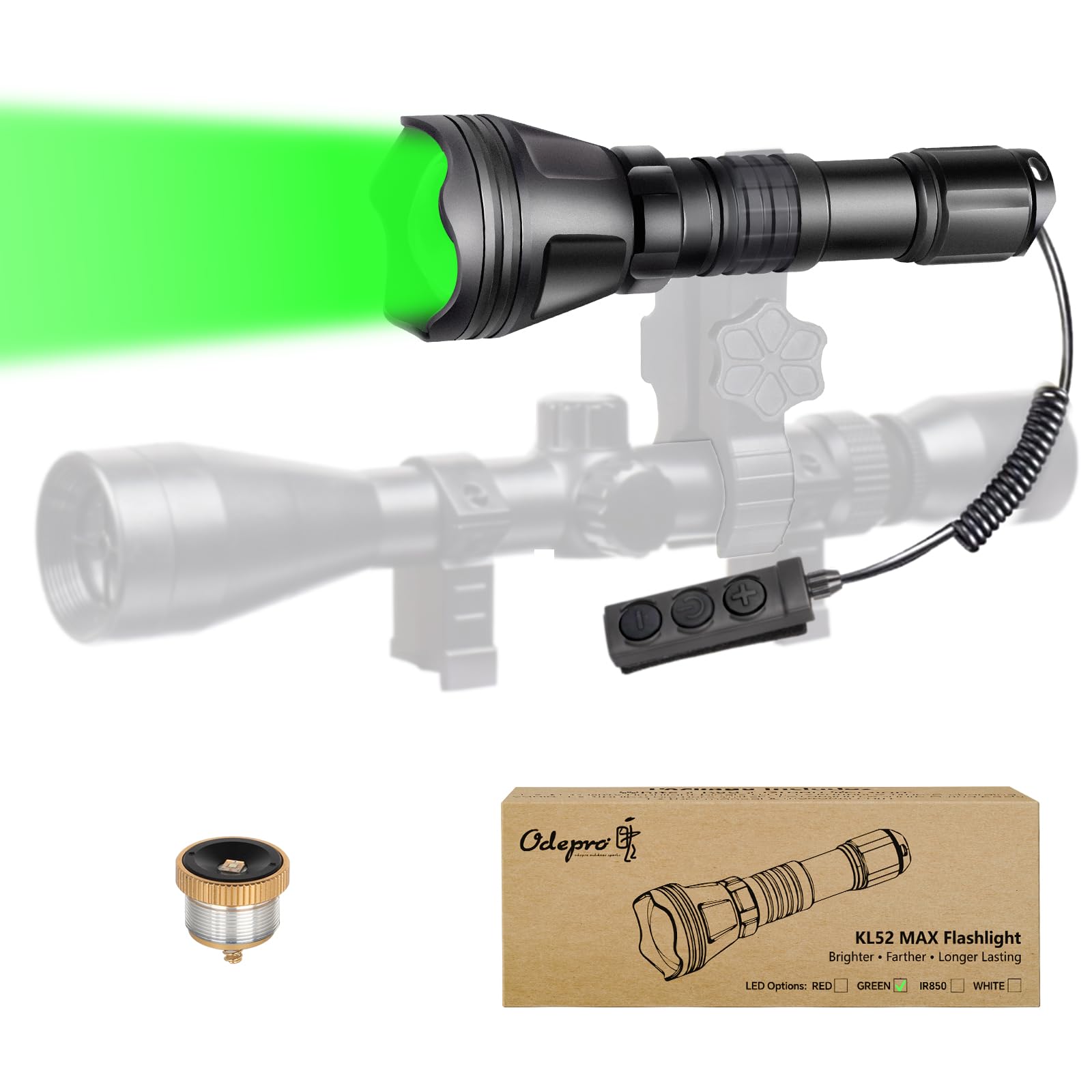Odepro KL52 MAX Upgraded Super Bright 400 Lumens Green Hunting Flashlight, 643 Yards Long Range Zoomable Predator Light with Ste
