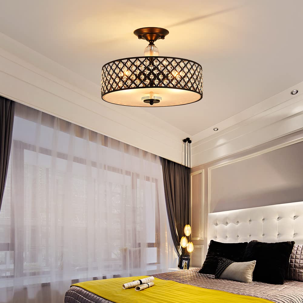 Saint Mossi Semi Flush Mount Ceiling Chandelier  Modern K9 Crystal Ceiling Light Fixture For Dining Room  Livingroom  Bedroom  H11 X D15.4  Matte Black Finish