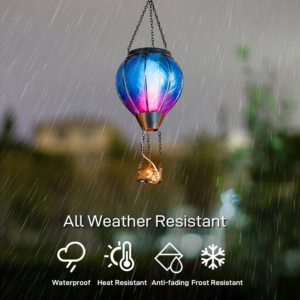 Starsoul Solar Hot Air Balloon Lantern with Candle Holder, Blue, Decorative Hanging Light for Lawn, Porch, Tree, Yard