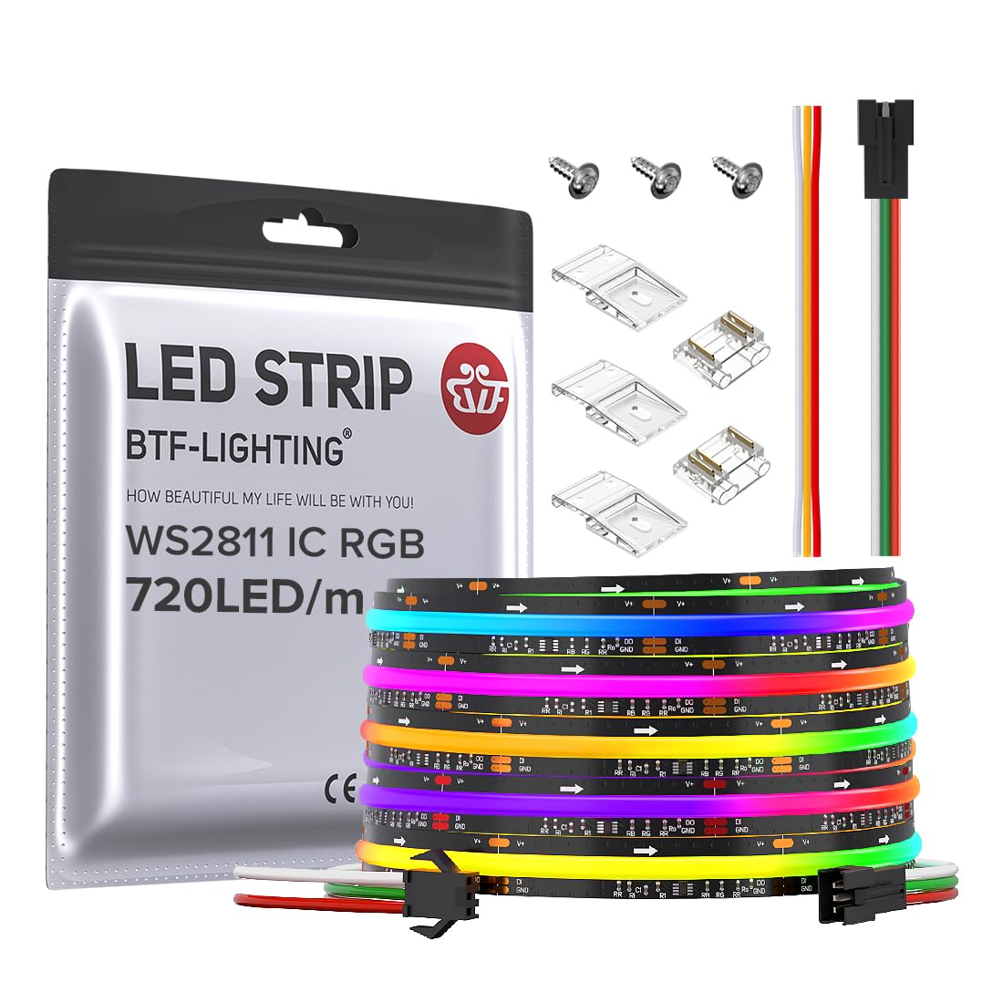 BTF-LIGHTING FCOB WS2811 IC RGB COB LED Strip DC24V 720LED/m 16.4FT Flexible High Density Uniform Chasing Color Light 20IC/m 12m