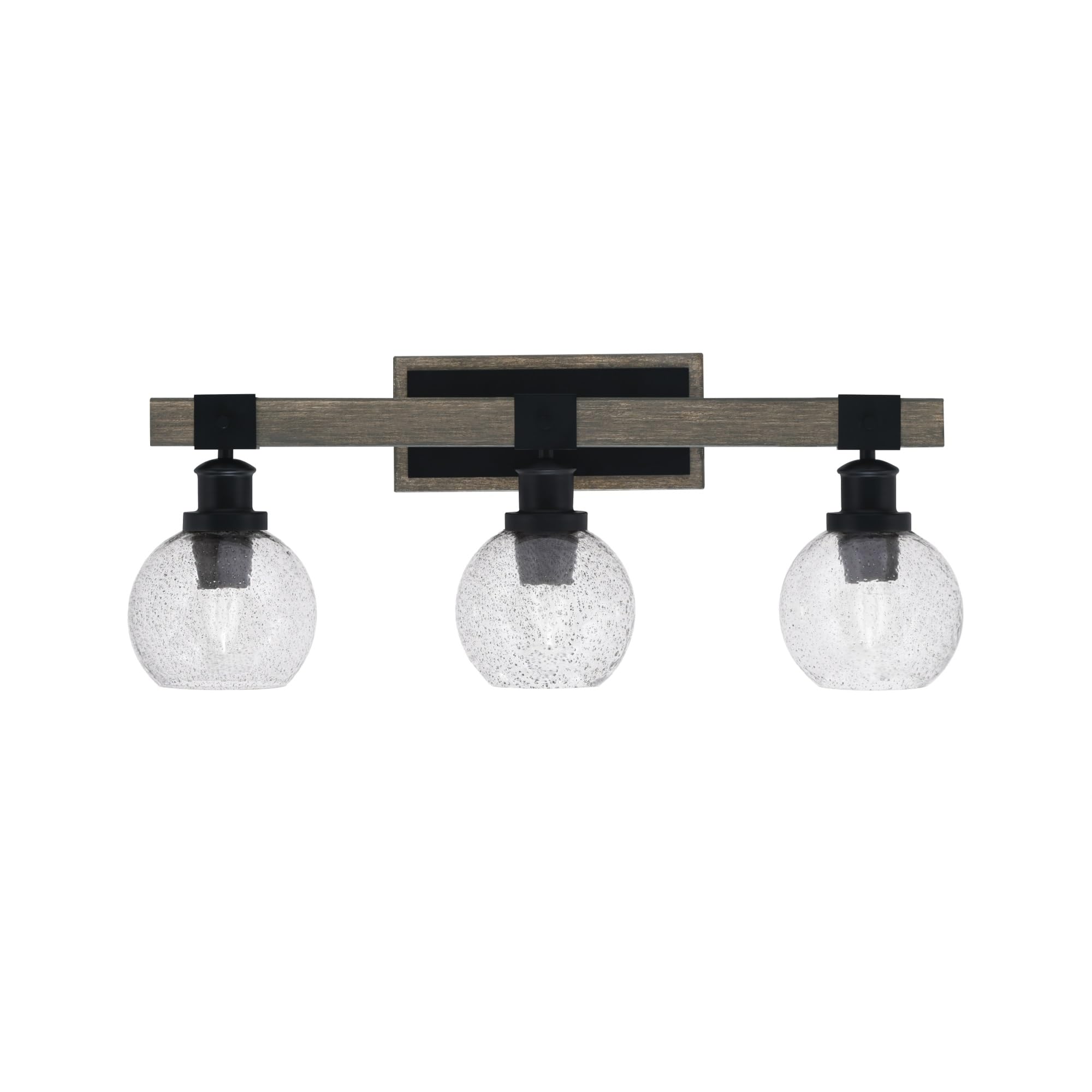 Tacoma 3 Light Bath Bar, Matte Black & Painted Distressed Wood-Look Metal Finish, 5.75" Smoke Bubble Glass