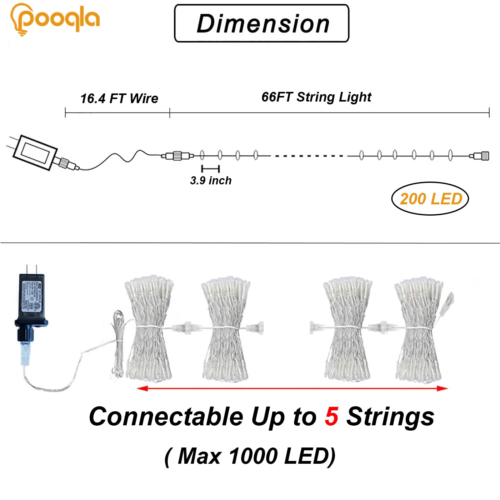 Pooqla Christmas String Lights, 200 LED Twinkle Fairy Lights, 66 ft, Clear Wire, Red and Green, 8 Modes for Indoor Outdoor Use