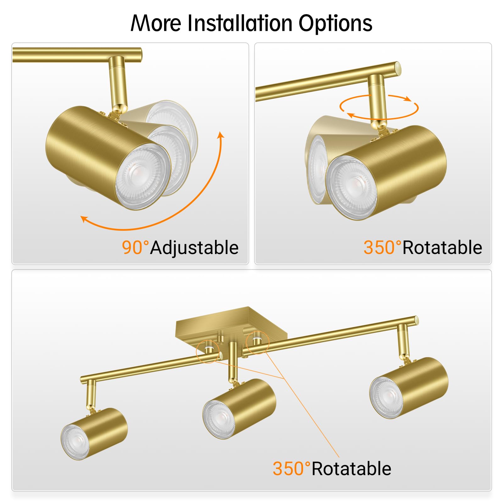 Boostarea 3 Light Track Lighting Fixtures Ceiling, Gold Kitchen Lighting Fixtures Ceiling, Led Track Lighting Kit, Rotatable Lig