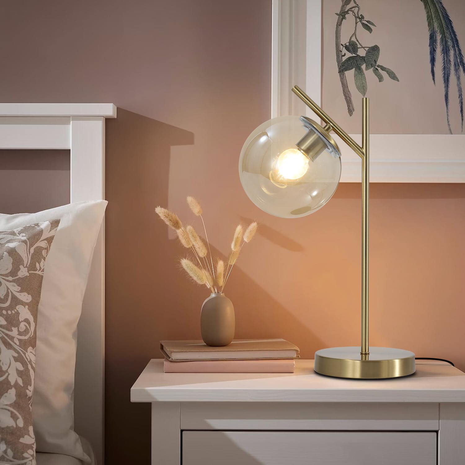 Fulesi Mid Century Modern Table Lamp Gold Globe Nightstand Lamp With Cognacs Glass Lampshade Metal Brass Desk Lamp For Bedroom L