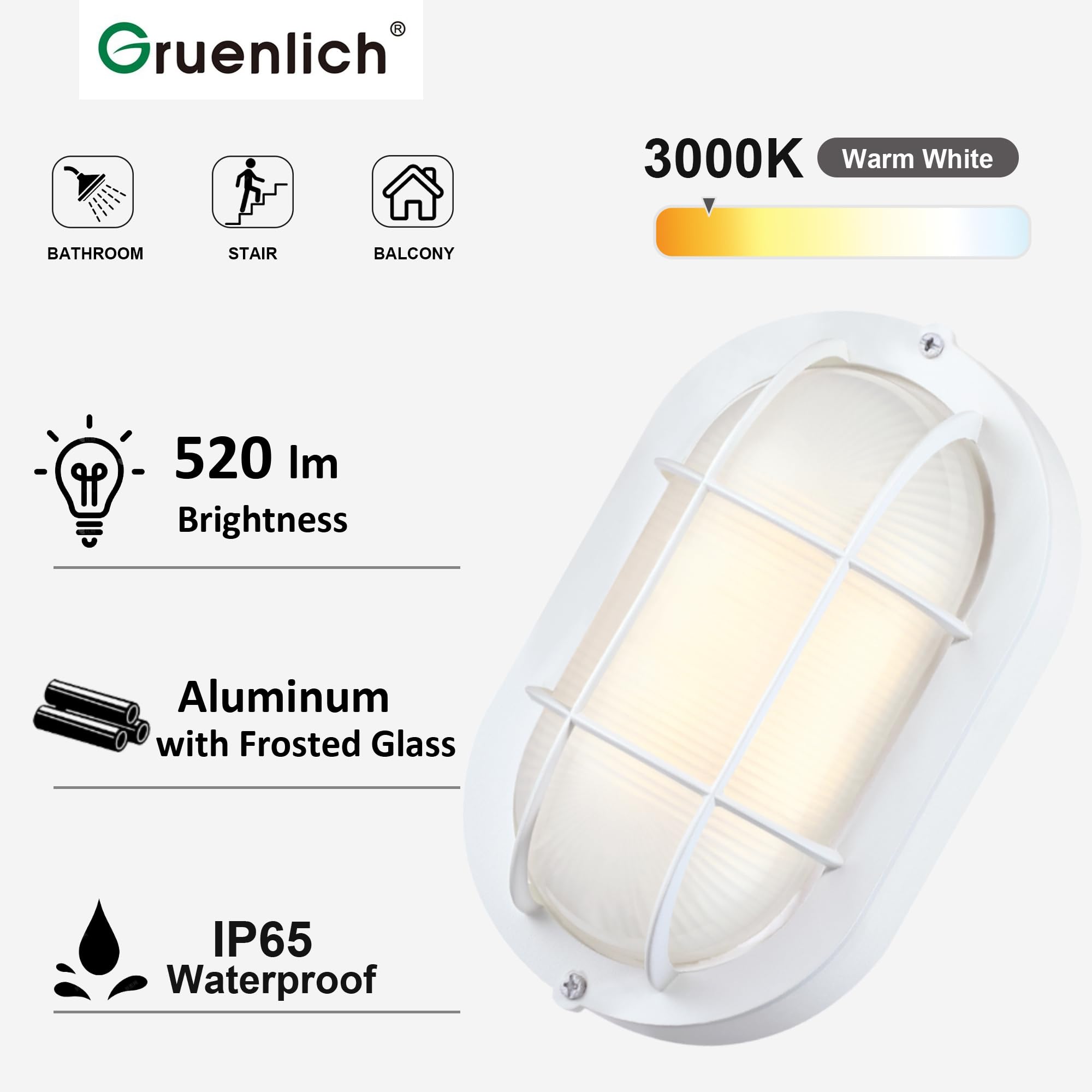 GRUENLICH Dimmable LED Bulkhead Light, 6W 520 Lumen, 3000K White, Oval 8.5 inch, Aluminum, Wall/Ceiling Mount