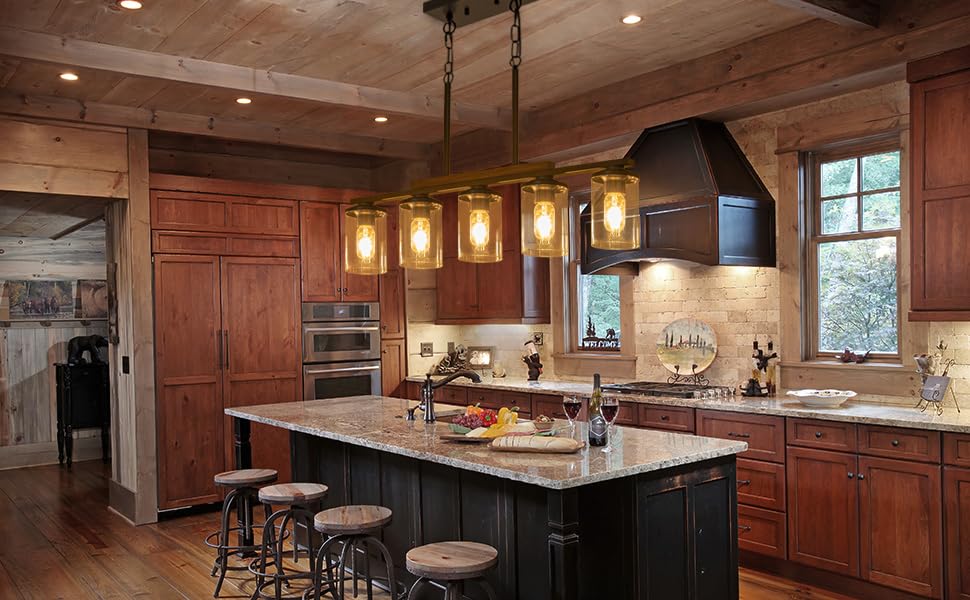 Farmhouse Dining Room Light Fixture,5-Light Kitchen Island Chandelier With Rustic Wood Frame,Black Metal Finish And Clear Glass