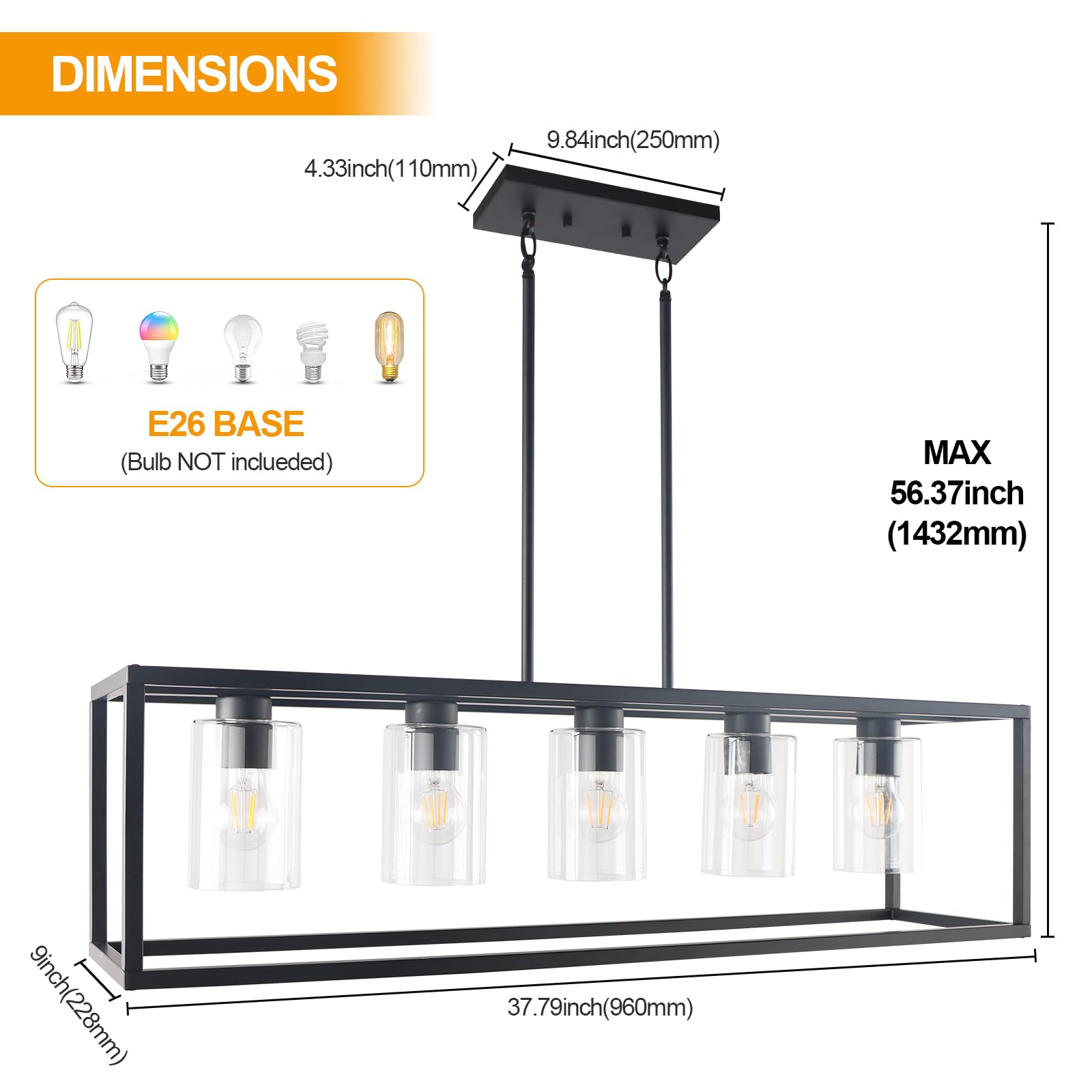 Kalium 5-Light Metal Chandelier – Modern Black Pendant Light Fixture for Dining Room, Kitchen, Bar, Coffee Shop