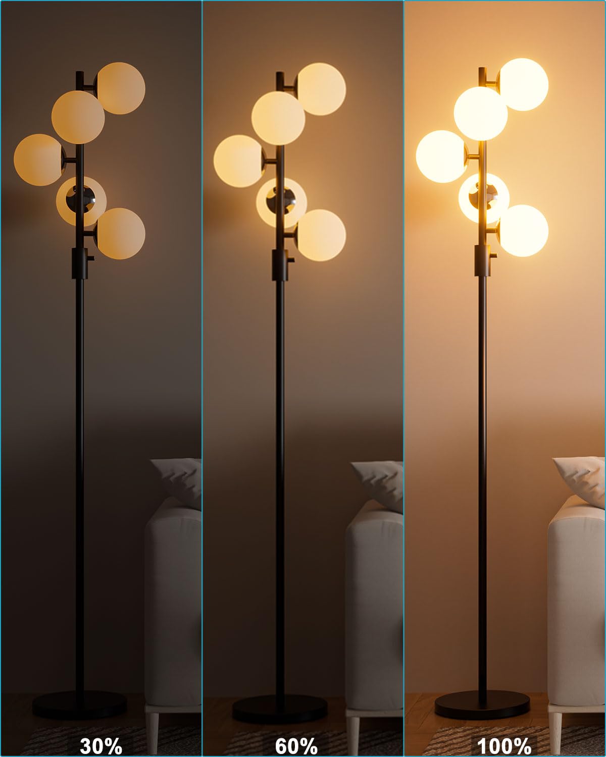 Lightdot 5-Globe Dimmable Globe Floor Lamp Black Retro Standing Lamps With 5Pcs 3000K G9 Bulbs Stepless Brightness Adjustable Mi