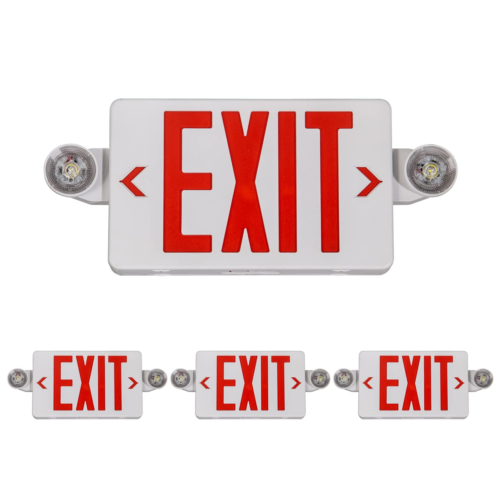 TANLUX Red Exit Sign with Emergency Lights, LED, Battery Backup, UL Listed, 4 Pack, White Housing, Model TL-EX01RE-4