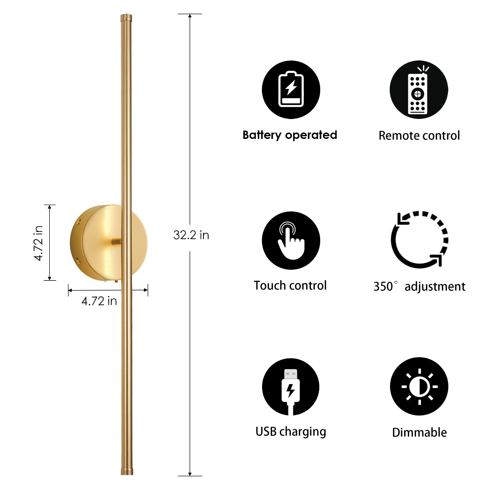 Kartoosh Battery Operated Wall Sconces  Dimmable Wall Sconces Set Of Two  350Rotate  3000K Led Gold Wireless Wall Light For Living Room  Bedroom  Hallway  32.2 Inch (2 Pack)