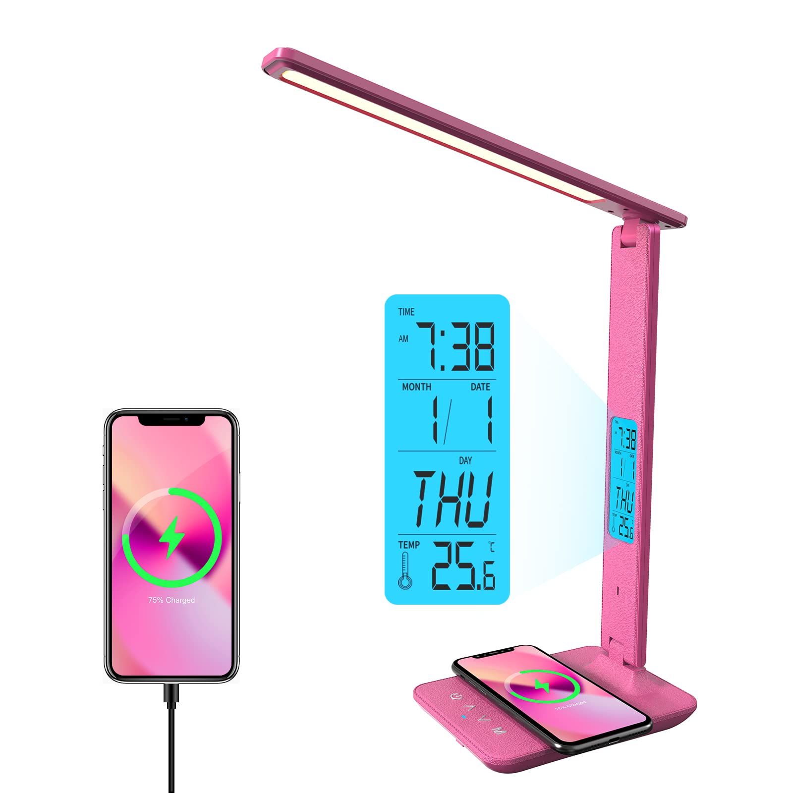 Poukaran LED Desk Lamp with Wireless Charger, USB Port, Clock, Alarm, Temperature - Pink