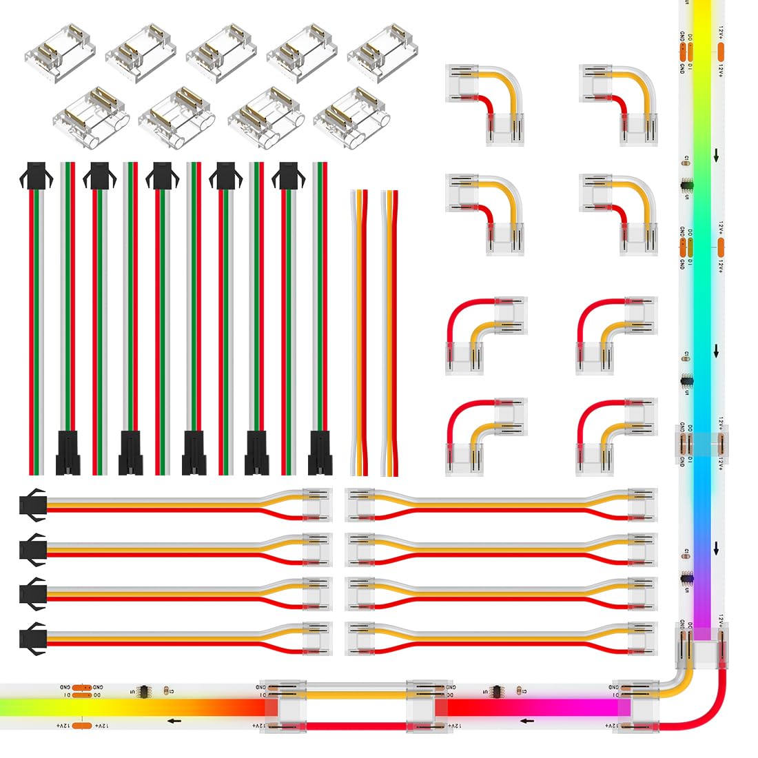 BTF-LIGHTING FCOB COB 12mm 3Pin Connector Kit,L-Shaped,Dual-End with Wire,Strip to JST,3PIN JST,Wire to Strip,Gapless Connector 