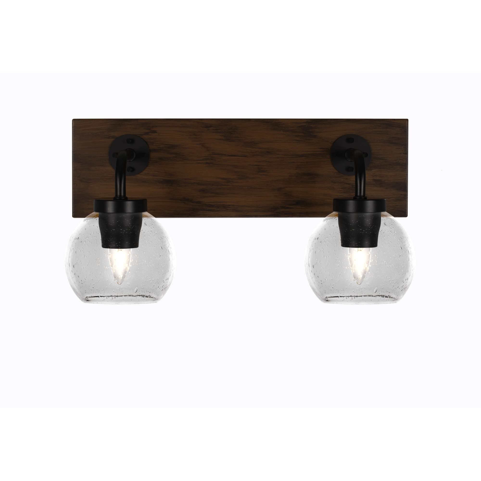 Oxbridge 2 Light Bath Bar In Matte Black & Painted Wood-Look Metal Finish With 5.75" Clear Bubble Glass