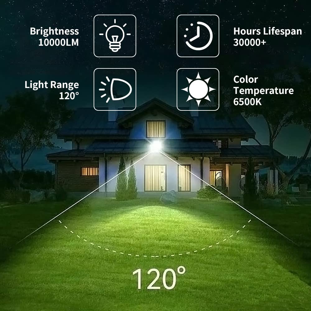 Jrbfa 2 Pack 100W Led Flood Lights Outdoor, 10000Lm Led Work Light With Plug, 6500K Daylight White, Ip66 Waterproof Exterior Outside Floodlights For Backyard, Garage, Garden, Lawn