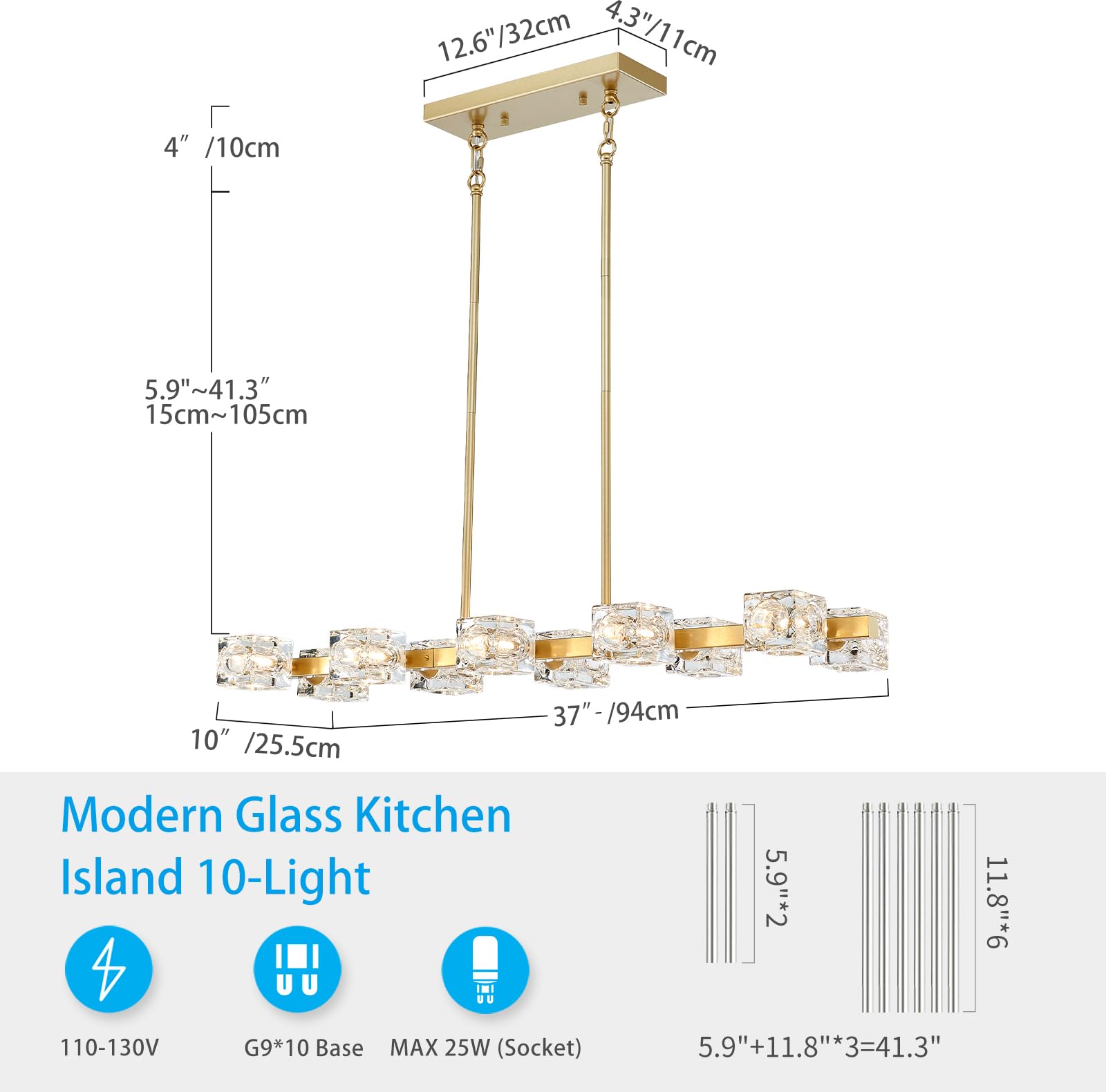 Xingqi 10-Light Gold Sputnik Chandelier Rectangular Dining Room Light Fixture Kitchen Island Pendant Metal Industrial Farmhouse