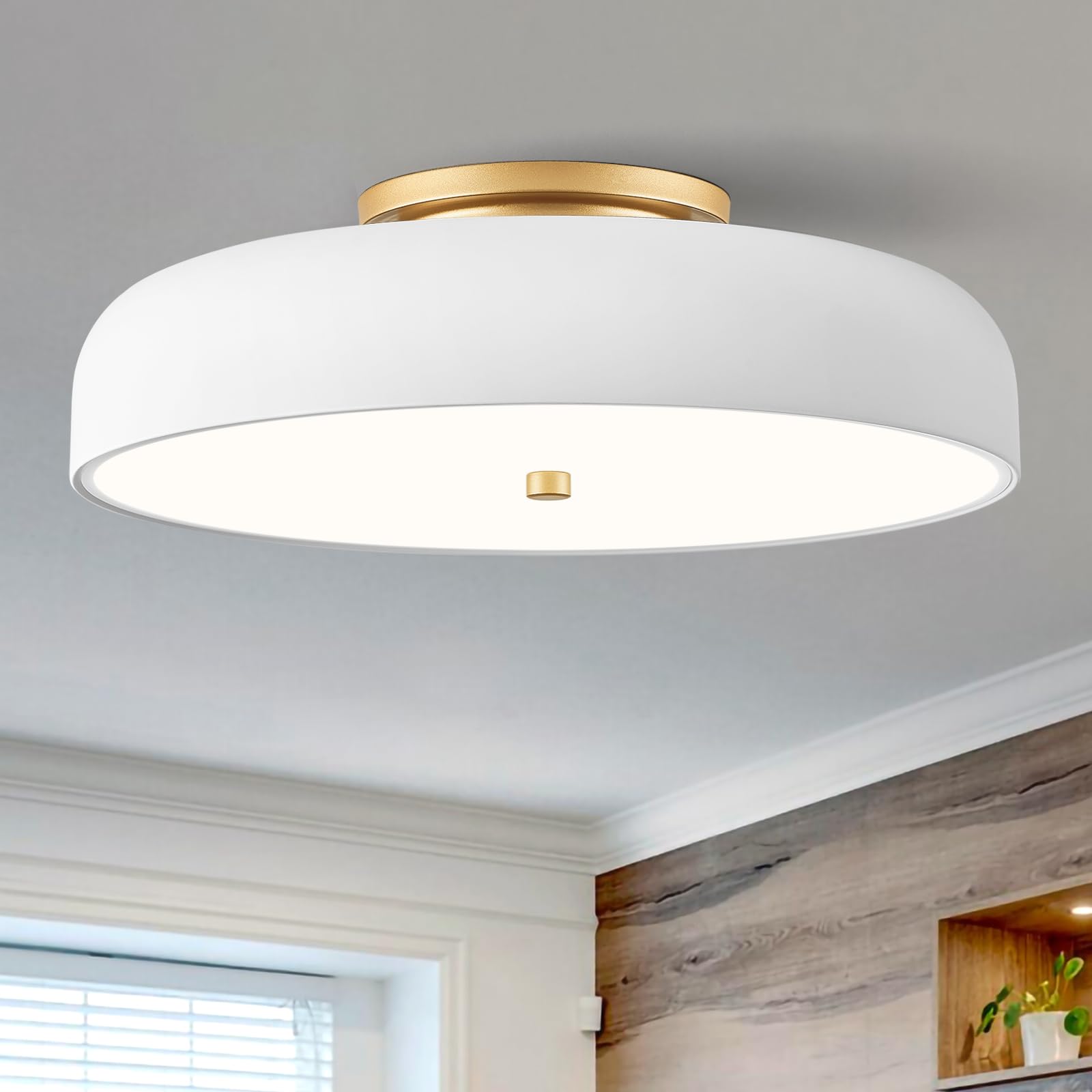 ONESMING Dimmable LED Ceiling Light Fixture, 2700K-6000K 5CCT Modern Semi Flush Mount Ceiling Light, Gold Close to Ceiling Lamp 