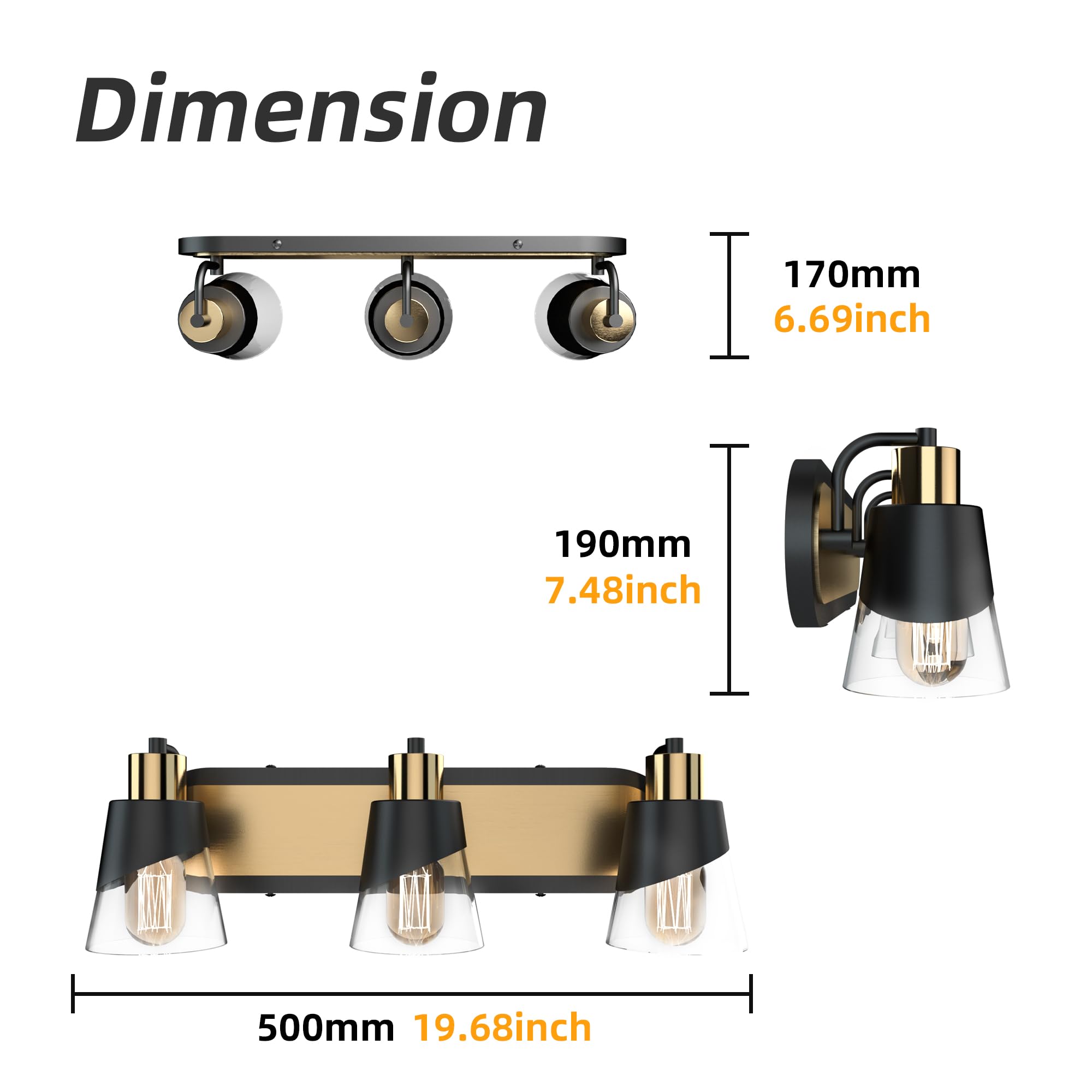 Ursola Bathroom Vanity Light, 3 Lights Bathroom Light Fixtures, 19.7 Inch Bathroom Light Fixtures Over Mirror Black And Gold, With Bevelled Edge And Clear Glass Shade Wall Lamp