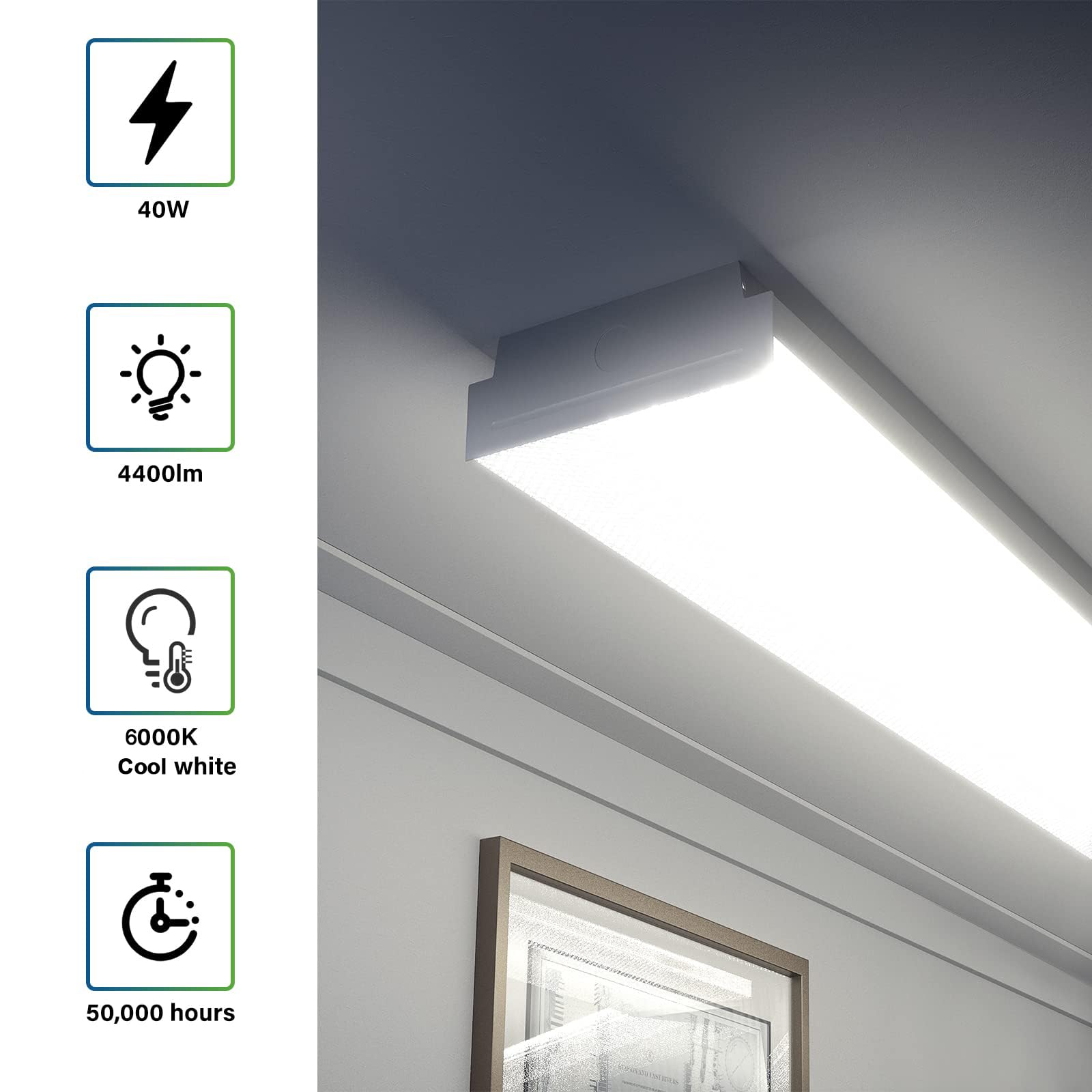 Antlux 4Ft Led Wraparound 40W Shop Lights For Garage, 4400Lm, 6000K, 4 Foot Crystal Led Wrap Light, 48 Inch Integrated Linear Strip Flush Mount Office Workshop Ceiling Lighting Fixture, 4 Pack