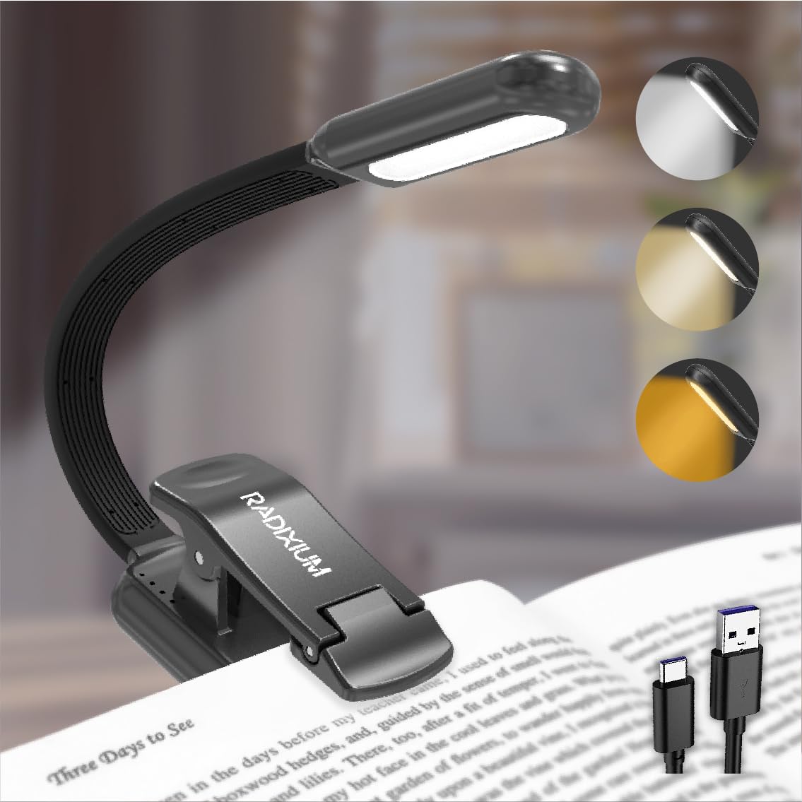 RADIXIUM Rechargeable Book Reading Light, 9 LED, 9 Color Temperatures, Stepless Dimming, Clip-On, Grey, Model AI4800BM