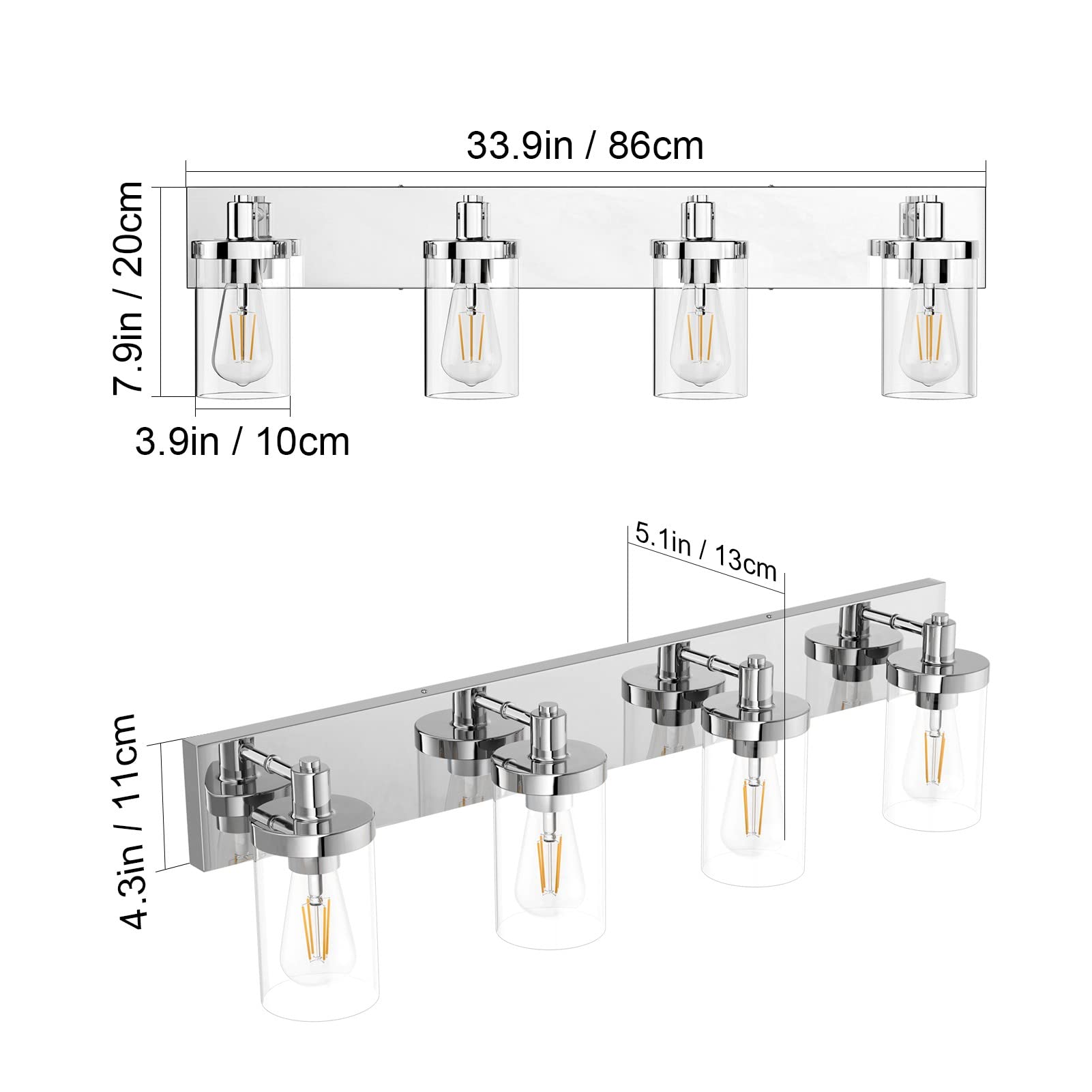 Aipsun Bathroom Vanity Light 4-Light Chrome Aluminum Fixtures with Clear Glass Shade Model 1136