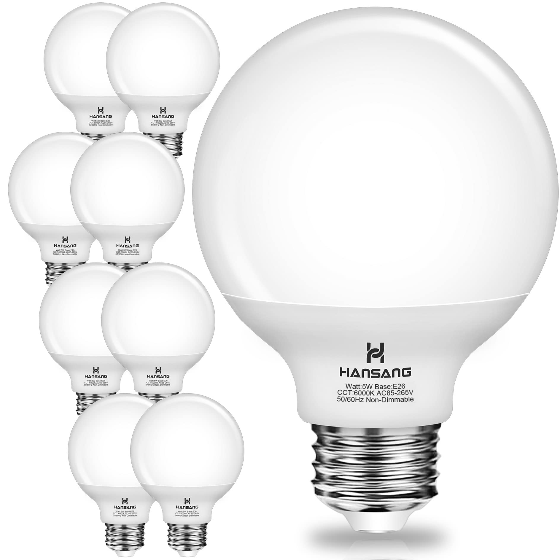 Hansang 8 Pack G25 Led Vanity Light Bulbs, 6000K Cool Daylight, Globe Light Bulb 60W Incandescent Equivalent, 5W Round Light Bul