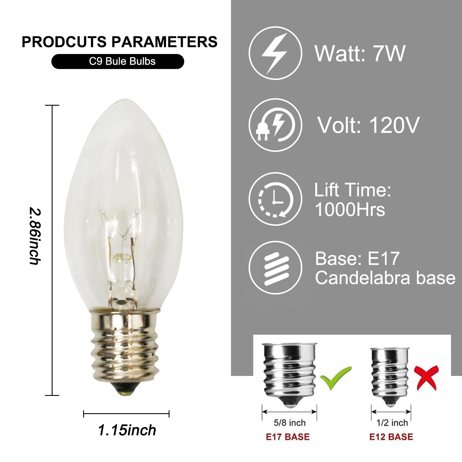 C9 Clear Replacement Bulbs, 25 Pack C9 Christmas Incandescent Light Bulbs Fits In C9/E17 Intermediate Base, 7W Night Light Bulbs For Outdoor Christmas String Light