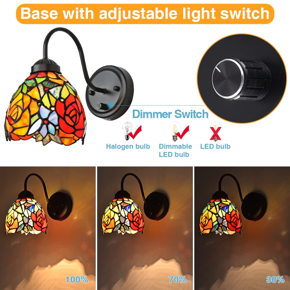 Dengmall Tiffany Rose Wall Mount Lamp, Dimmable Vintage Gooseneck Sconce For Bedroom & Living Room