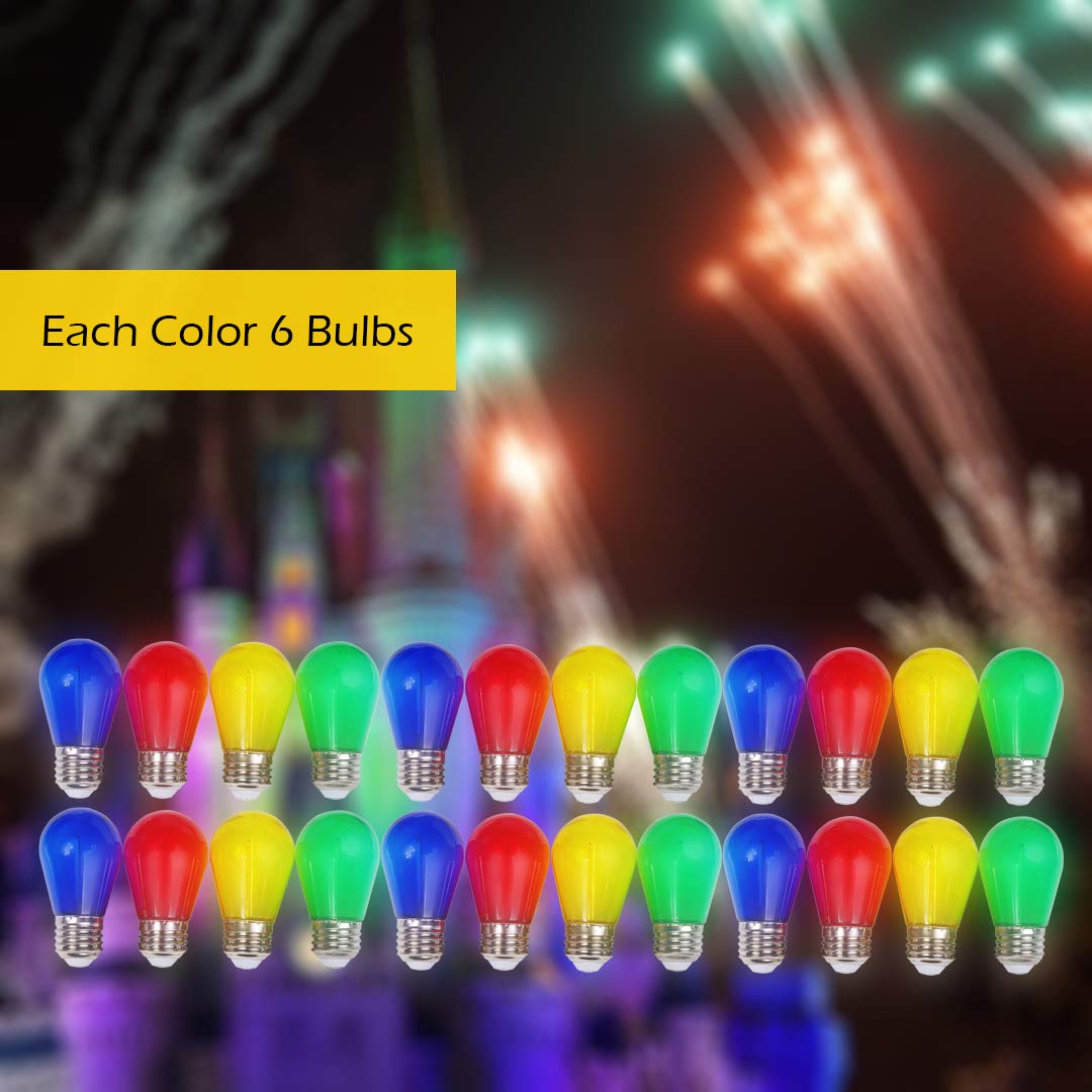Visther 24-Pack S14 Colored Led String Light Bulbs Replacement, E26 Base 1W Plastic Shatterproof Waterproof, Christmas Light Bulb Red, Green, Yellow, Blue