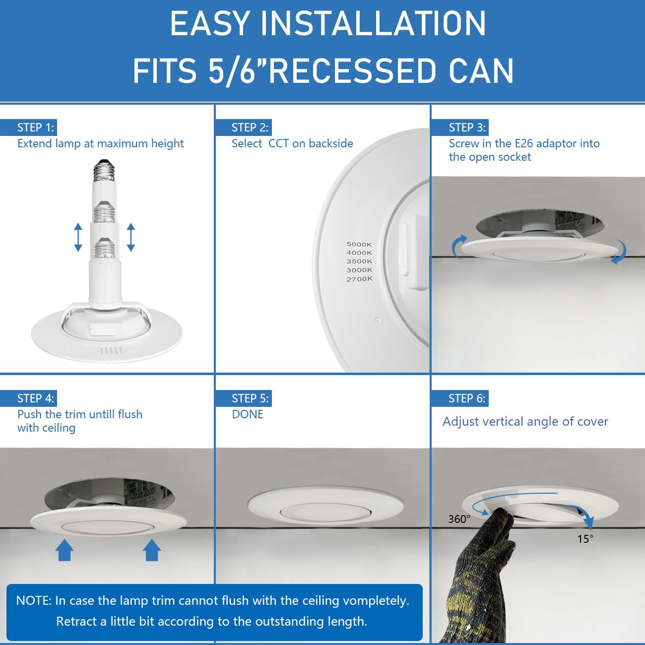 Jolux 4 Pack 5/6 Inch 5Cct Led Can Light Gimbal Retrofit Recessed Downlight, Adjustable Angle, Recessed Lighting Cctselectable 2