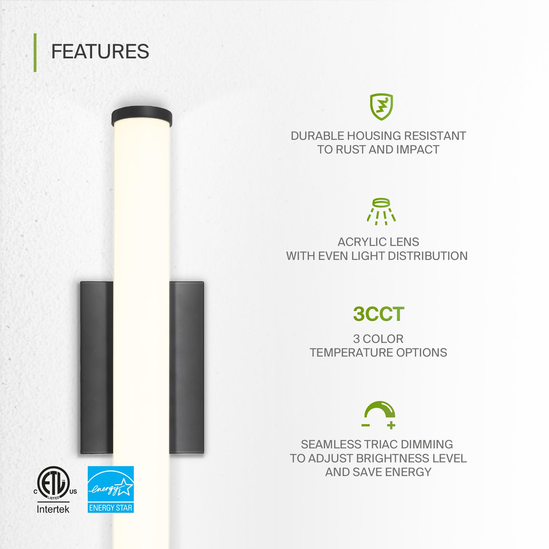 Asd Led 18 Inch Wall Mount Vanity Lighting Fixture | 20W 1800Lm 3000K-5000K 120V | 3Cct, Dimmable, Energy Star, Etl Listed | Bat