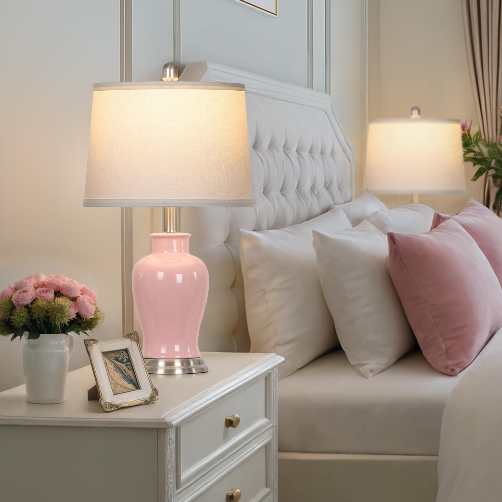 23'' Ceramic Table Lamps Set Of 2, Modern Ceramic Lamps For Living Room, Cute Bedside Lamps With Ginger Jar Design, Elegant Bedr