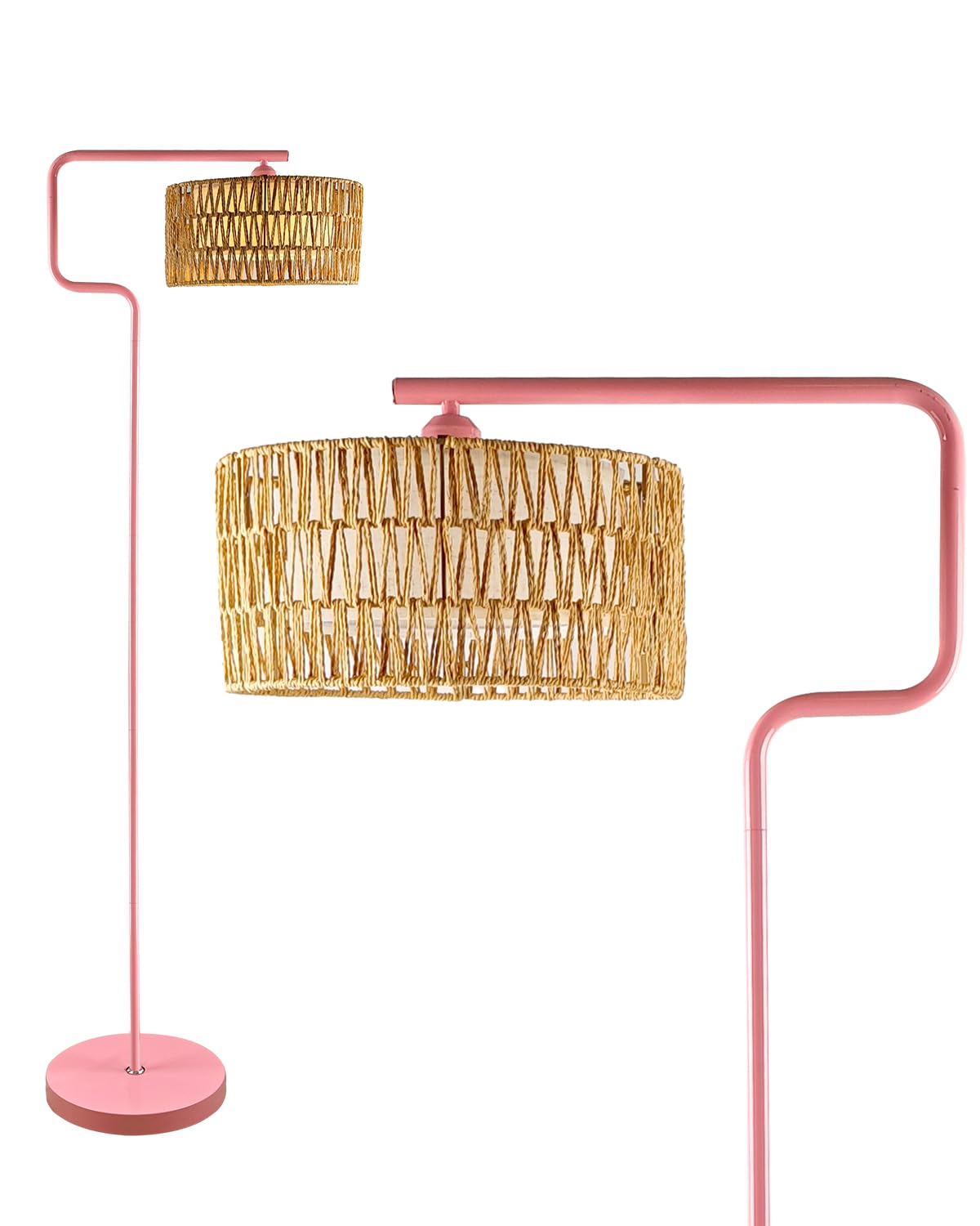 Lightdot Rattan Floor Lamp, Boho Arc Design, Double Shades, Foot Switch, Pink Model LFLL-M-97A