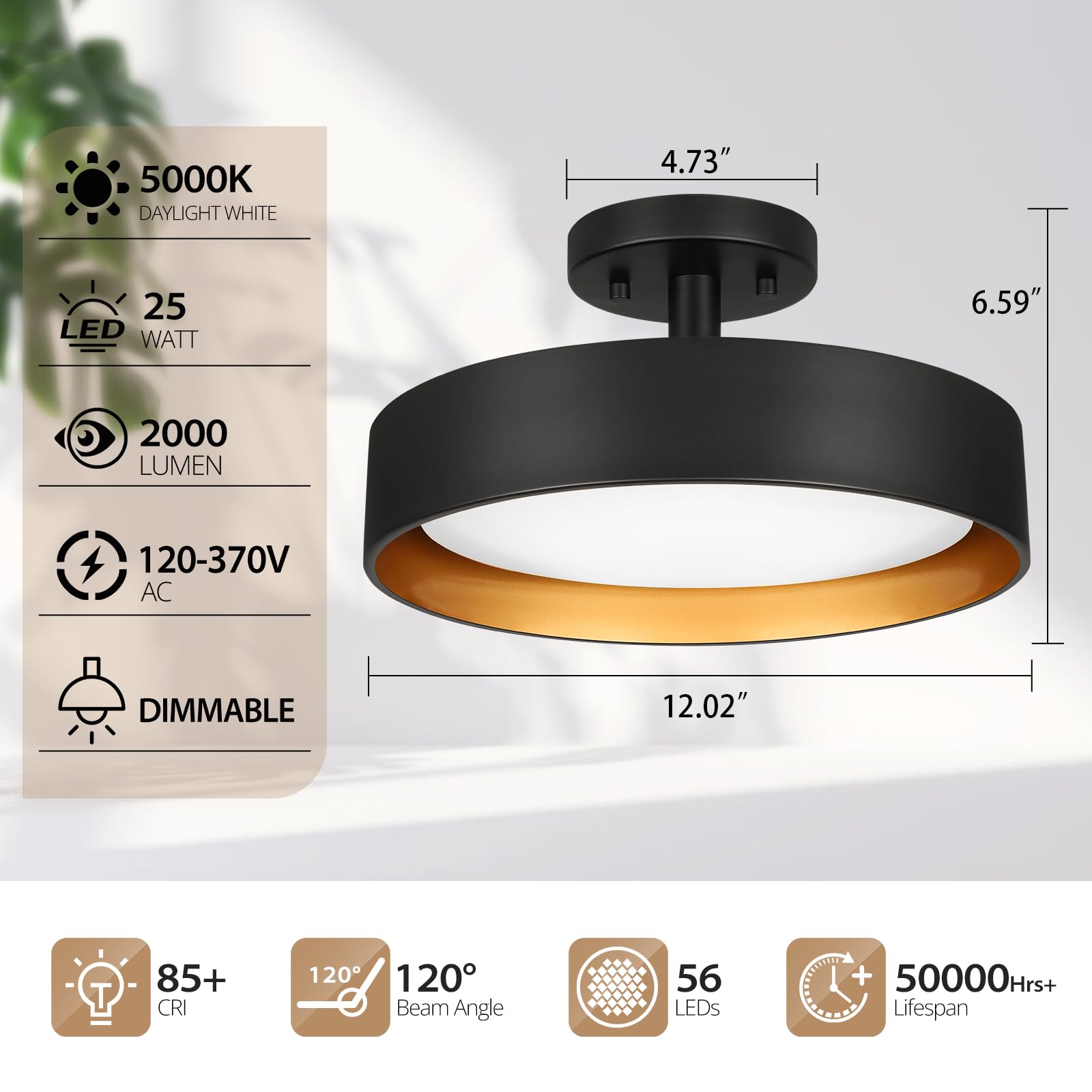 Sunrider Semi Flush Mount Ceiling Lights, 12 Inch 25W Led Ceiling Light Fixture Black For Hallway Kitchen, Gold Inside, 5000K Da