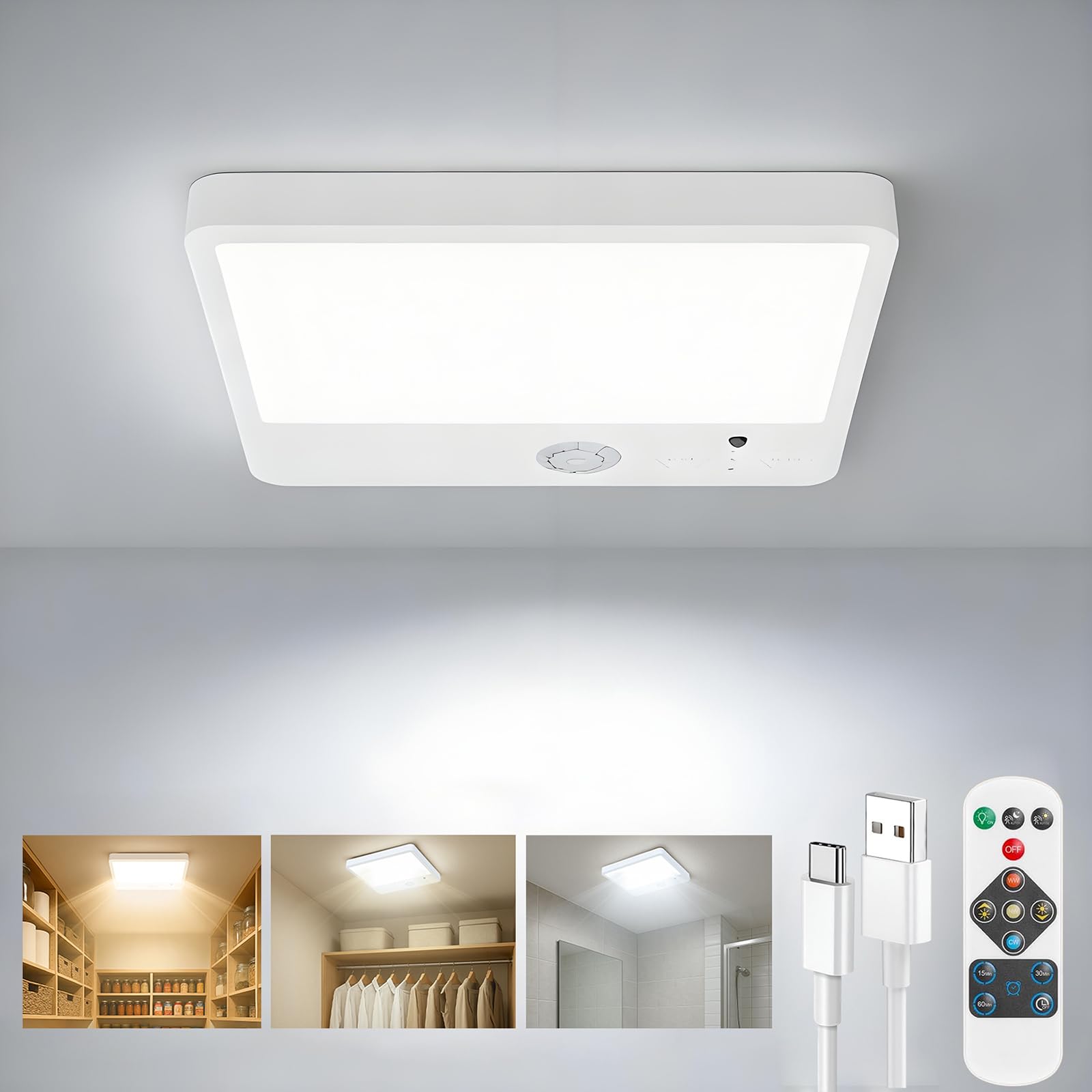 Fast Charging Motion Sensor Closet Light Indoor, Battery Powered Operated Ceiling Lights with Remote, Rechargeable Magnetic Wire