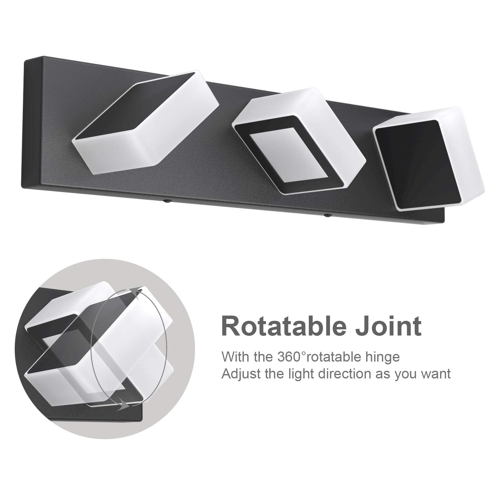 Ralbay LED Modern Black Bathroom Vanity Lights, 3-Light Acrylic Fixture, 20" Metal, Black-White Light, Model 8590