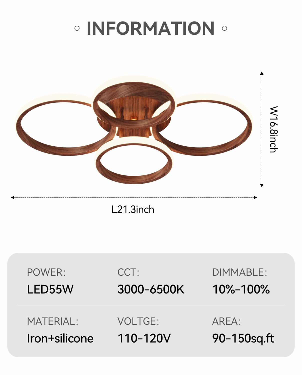 Miss Lighting Dimmable LED Semi Flush Mount Light Fixture 3-Color Dimming 4 Ring Wood Model MT05