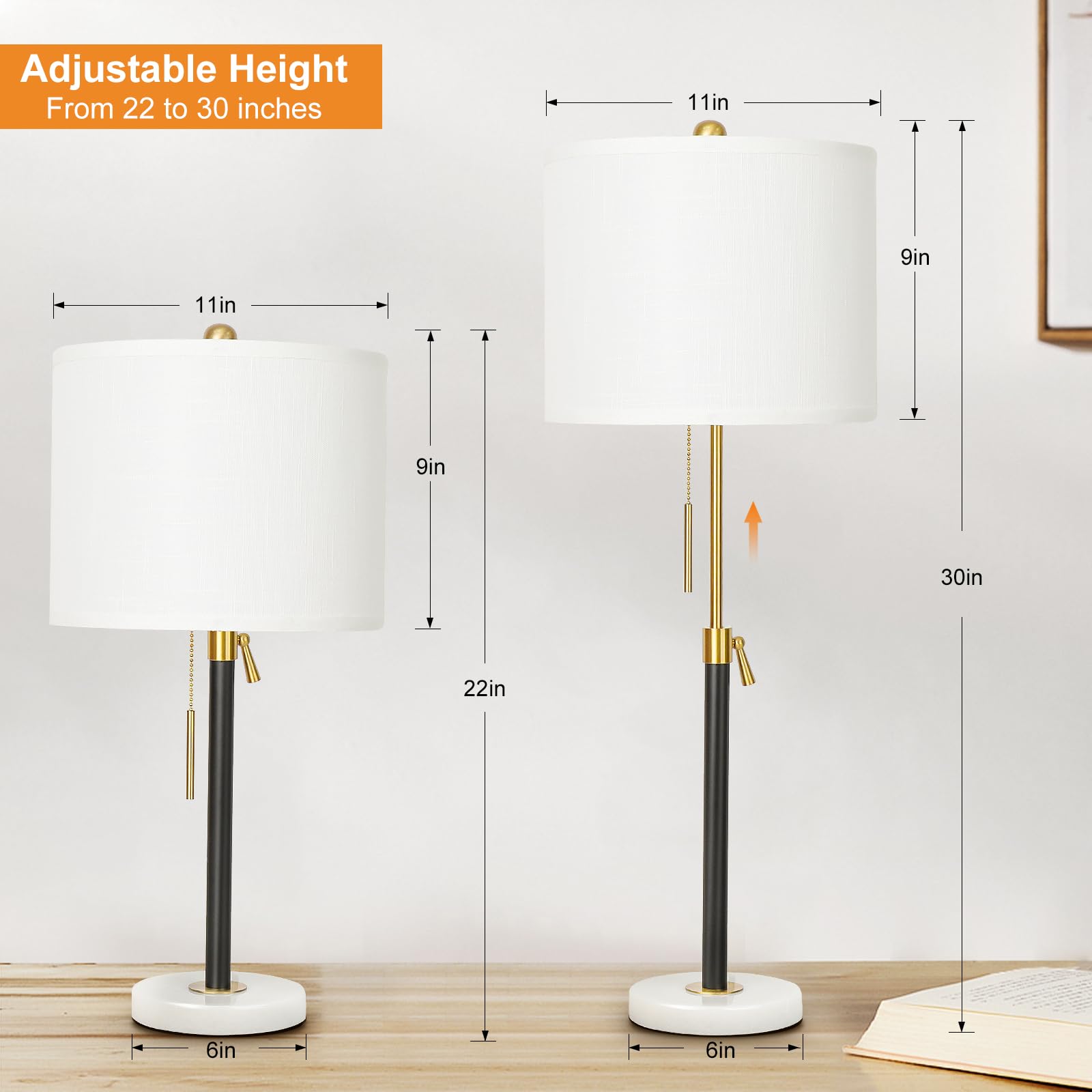 Qingmiao Black And Gold Adjustable Table Lamps Set Of 2, 22-30&quot; With White Shade & Dimmable Base