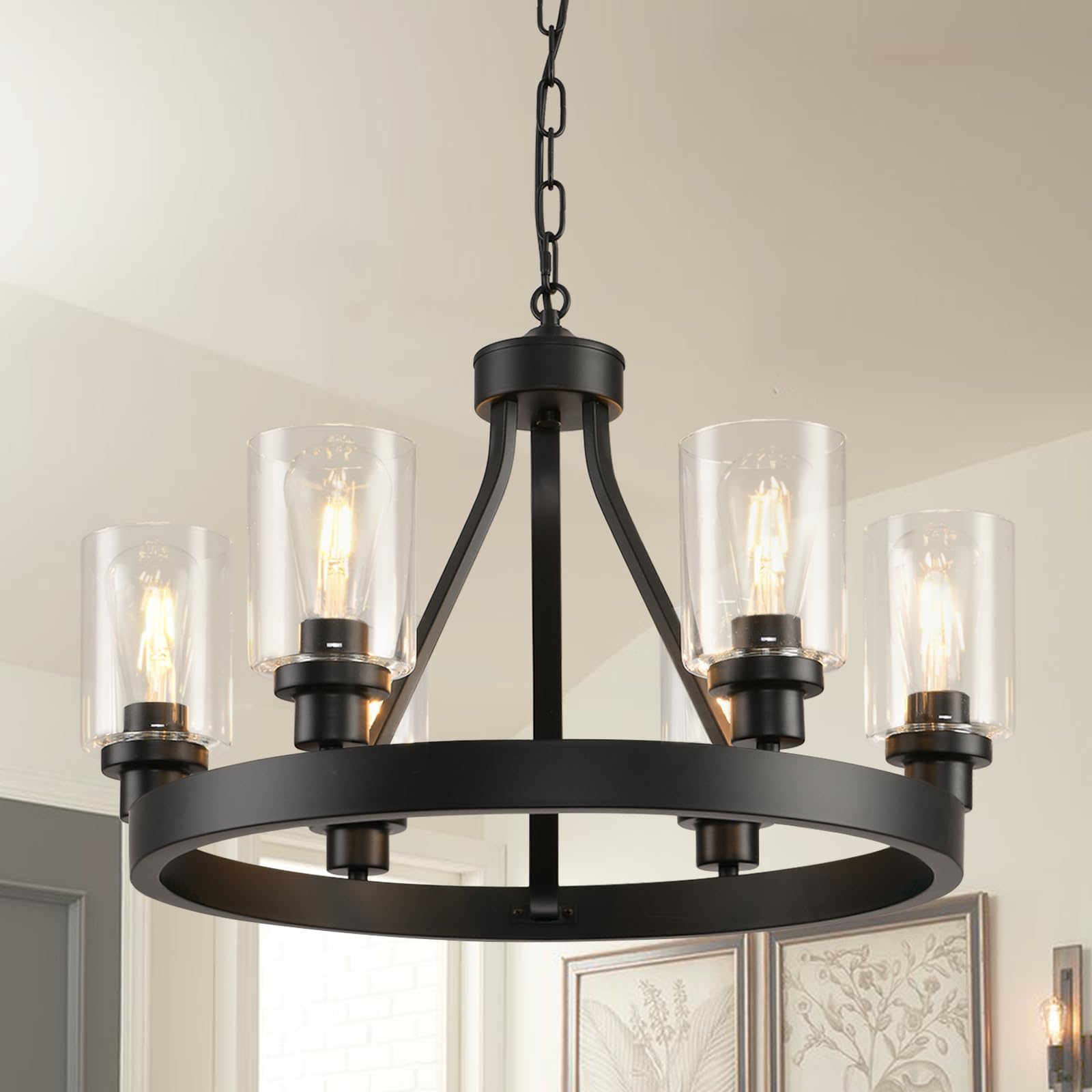 D24'' Black Wagon Wheel Chandelier, 6-Light Black Round Farmhouse Chandeliers, Dining Room Light Fixtures Black Industrial Hangi