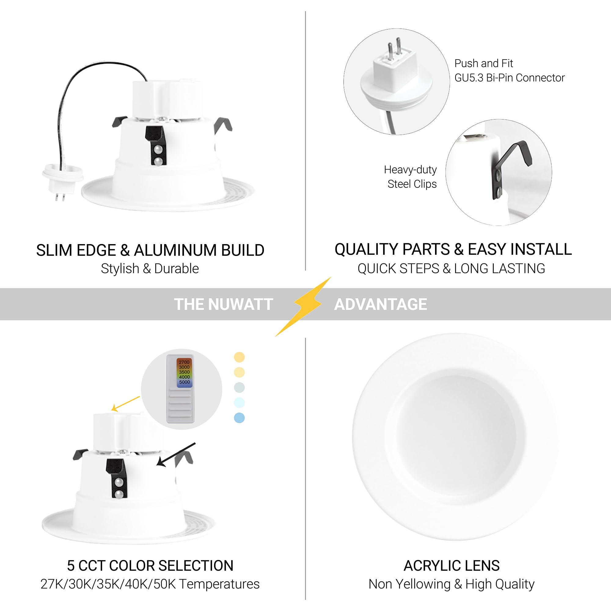 NUWATT 12 Pack 4 Inch MR16 LED Recessed Lighting, 5CCT Dimmable 10W, GU5.3 12V, White, 600LM