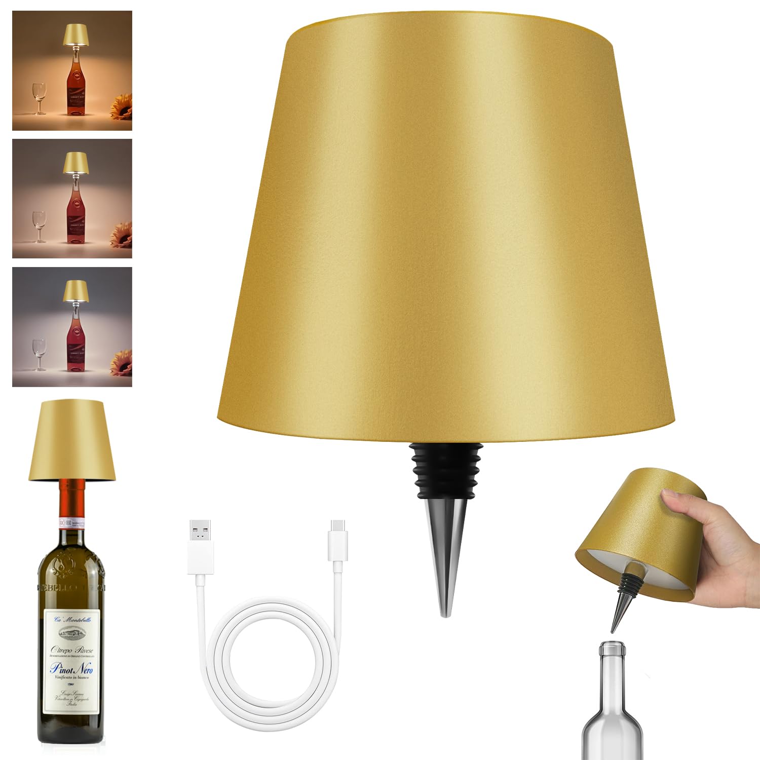 Hoide Wireless Bottle Lamp - LED Touch-Dimmable Night Light Kit, 5.7in, Golden, Plastic