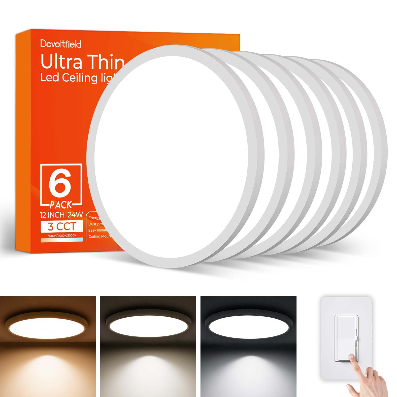 6Pack 12Inch LED Flush Mount Ceiling Light Fixture 24W 2400LM Dimmable CCT 3000K/4000K/5000K Round Flat Panel Light for Bedroom 0.7Inch Thin Modern Low Profile Ceiling Lights for Hallway Porch