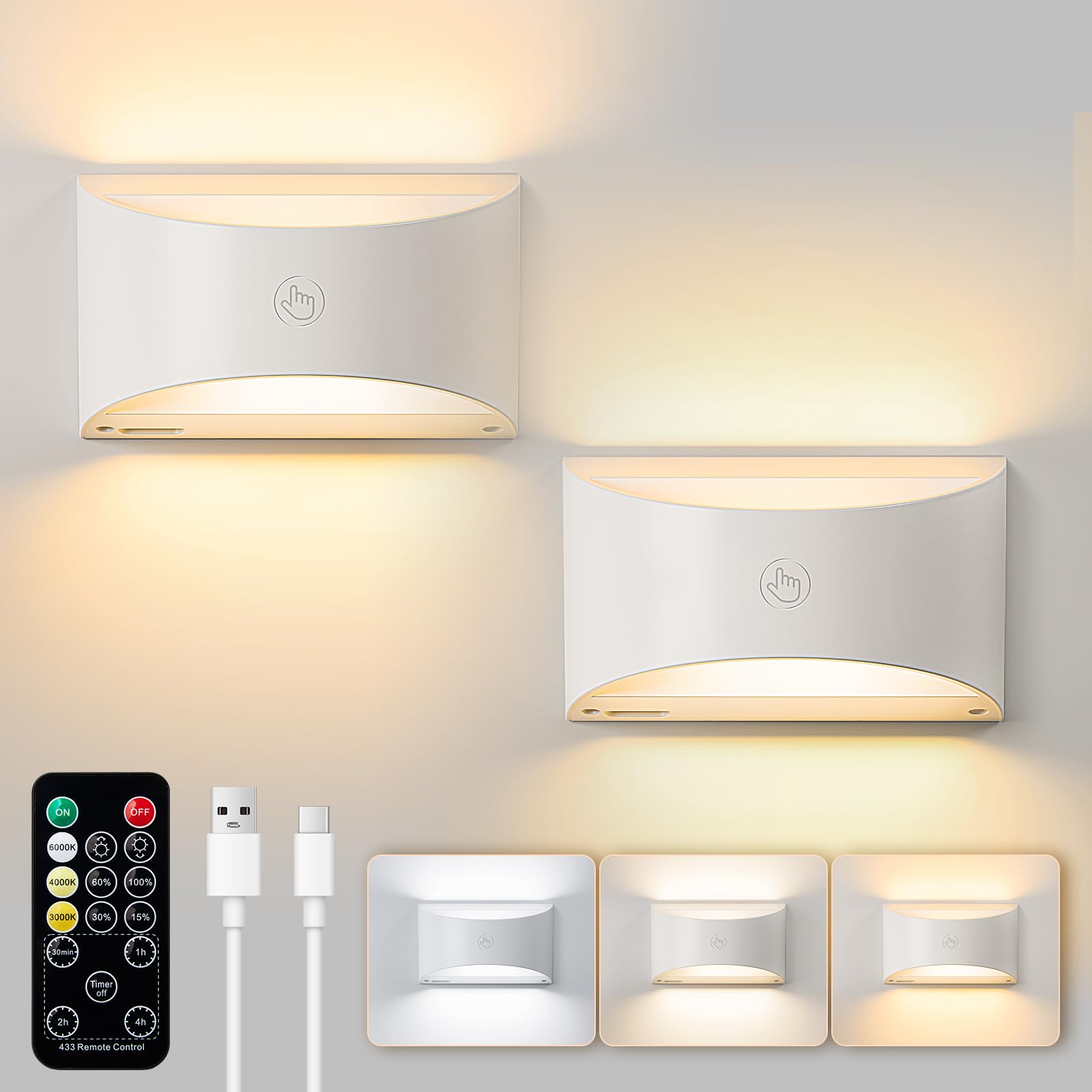 Brightown Battery Powered Wall Sconces Set Of Two  Rechargeable Magnetic Wall Sconce With Remote Control  3 Colors Wireless Up And Down Wall Mount Light For Hallway Bedroom Bedside Living Room(White)