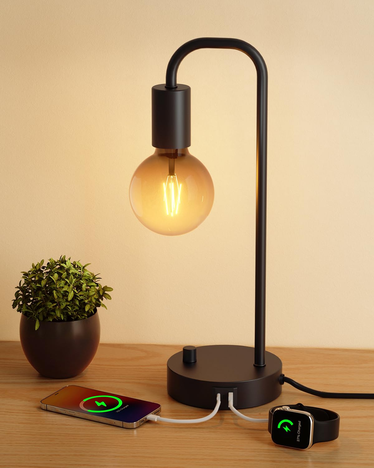 ONEWISH Industrial Table Lamp with 2 USB Port, Fully Dimmable Nightstand Bedside Lamps for Bedroom,Desk Lamps with 2700K Black G