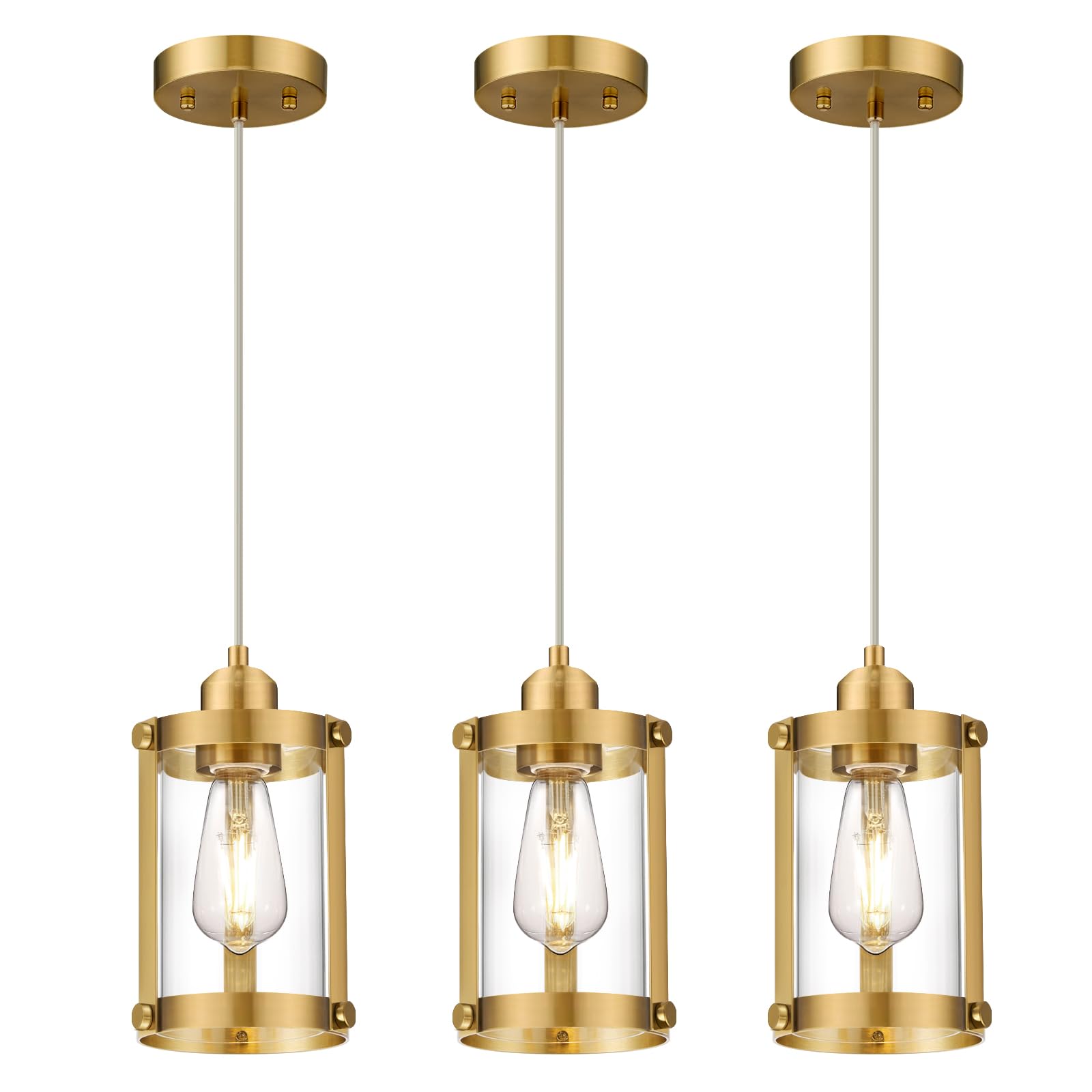 Osimir Brushed Gold Pendant Lights Kitchen Island 3 Pack, Modern Kitchen Pendant Lighting Over Island with Clear Glass, Farmhous