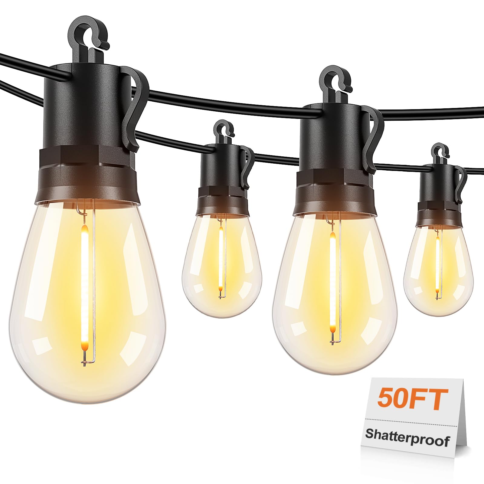 Brightever 50FT LED String Lights  Outdoor Lights for Patio with 16 Shatterproof S14 Edison Bulbs  Commercial Grade Waterproof Rope Light for Outside  Cafe  Bistro  Porch  Garden  2700K Warm White