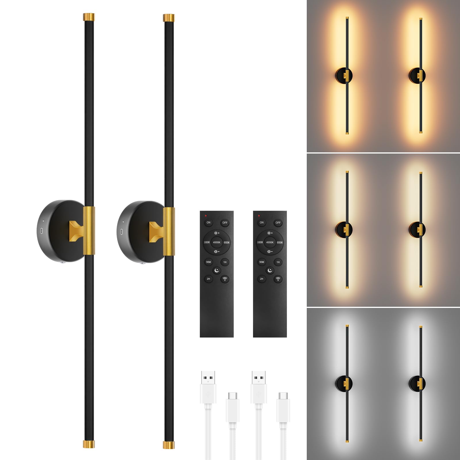 Neymlya Wall Sconces Set of 2, Battery Operated, Dimmable 3000K/4000K/6000K, Rechargeable, Metal, Black Gold,