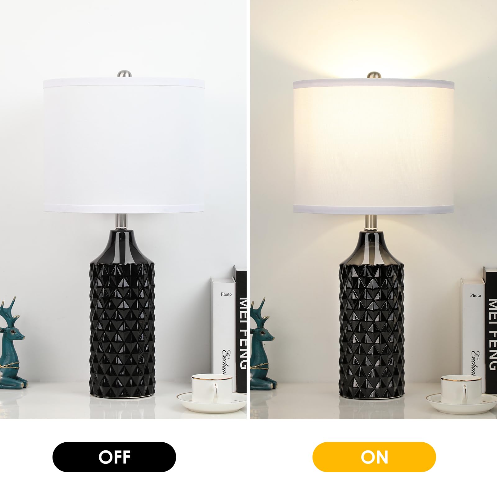Qingmiao Ceramic Table Lamps Set Of 2, 25&quot; 3-Way Dimmable Black Nightstand Lamps, Bul