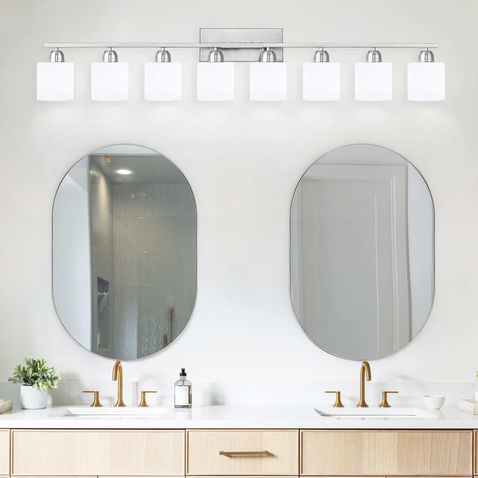 FAISHILAN 8-Light Brushed Nickel Bathroom Light Fixture with Frosted Glass Shades, 51" for Mirrors, Model FSL-212--NBN-8